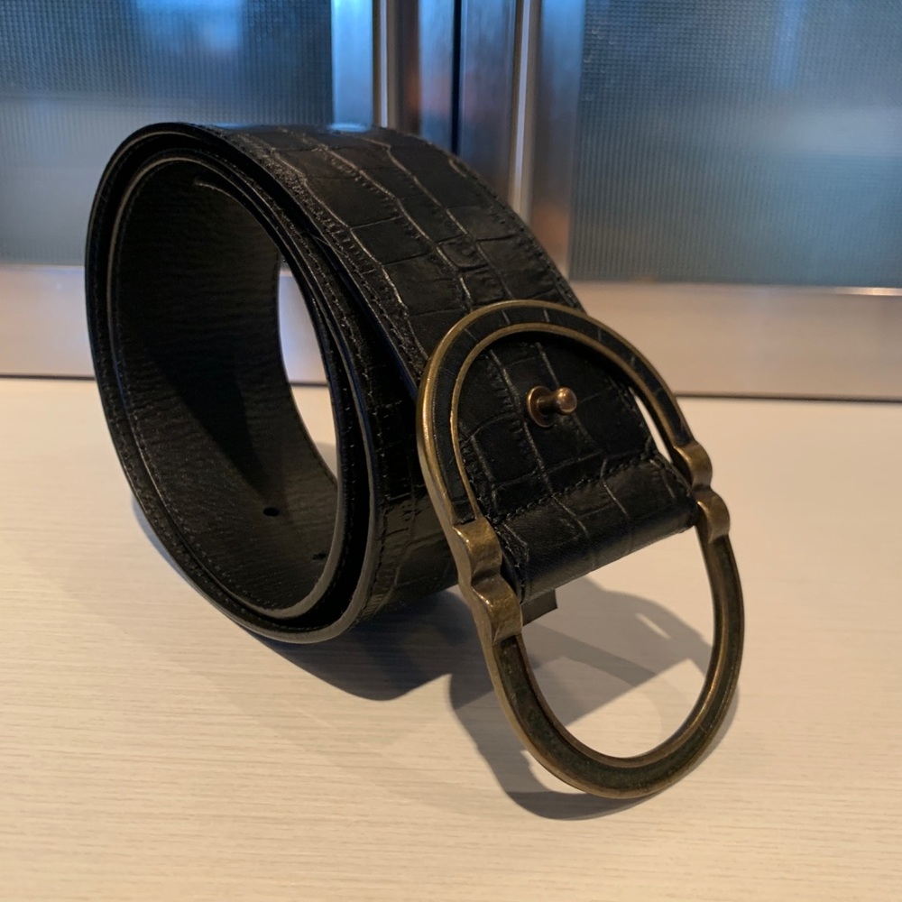 Sezane Black Croc-Embossed Leather Belt with Antique Gold Oval Buckle